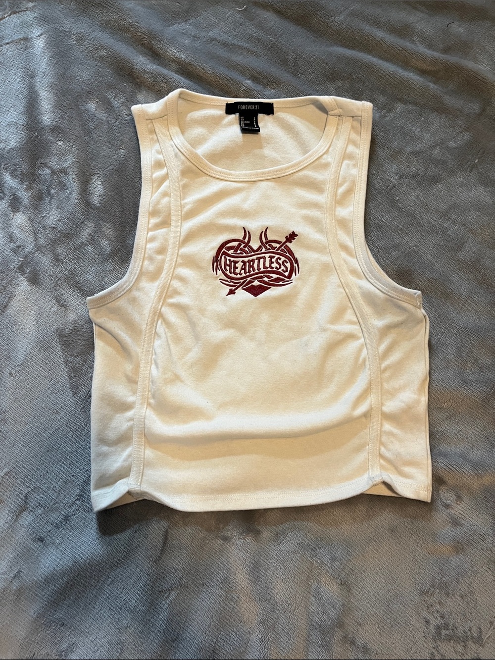 Forever 21 White Tank Top with Maroon 'Heartless' Graphic